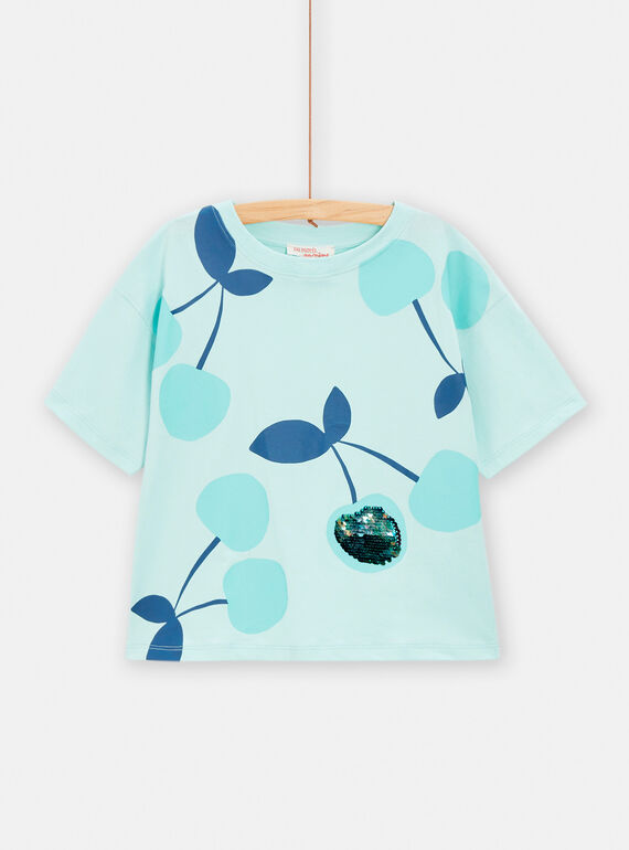 T-shirt verde-água e azul com estampado cerejas menina TAJOTI1 / 24S901B1TMC614